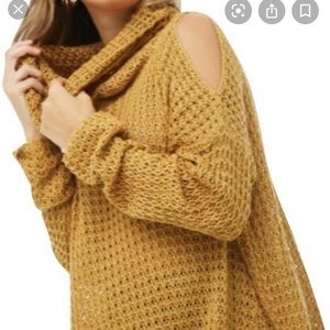 Open shoulder cowl neck mustard sweater